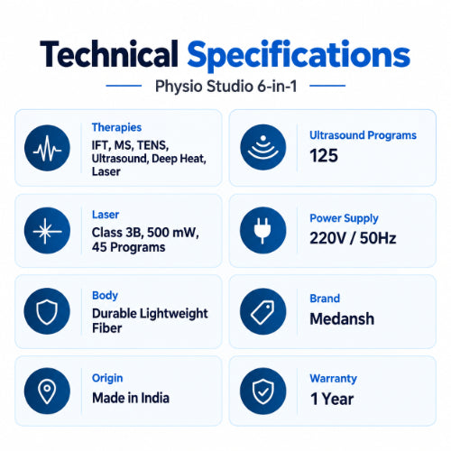 medansh physio studio 6-in-1 technical specifications with ift, ms, tens, ultrasound, deep heat and laser therapy functions