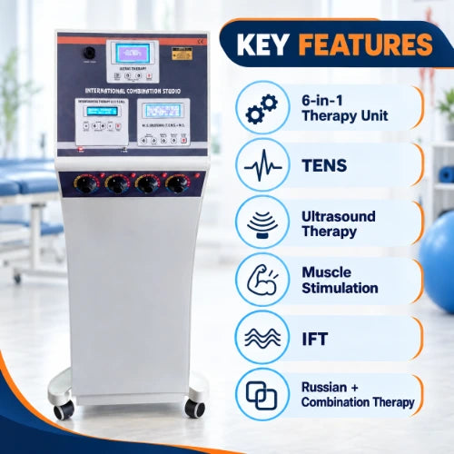 key features of medansh physio studio 6 in 1 delux physiotherapy machine including 6 in 1 therapy unit, tens, ultrasound therapy, muscle stimulation, ift, and russian plus combination therapy