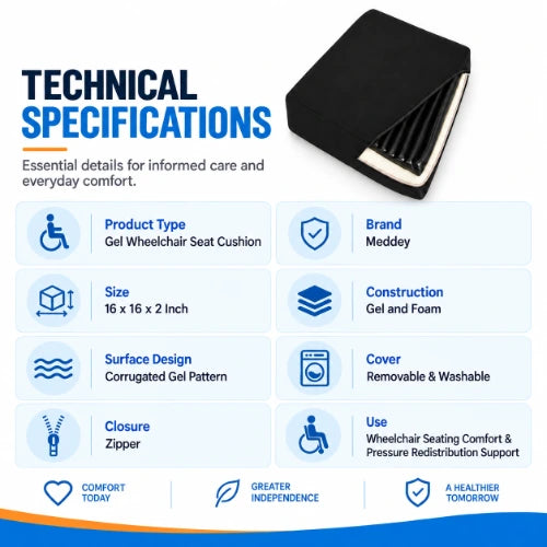 meddey gel wheelchair cushion technical specifications showing 16 x 16 x 2 inch size, gel and foam construction, corrugated gel surface and zipper cover