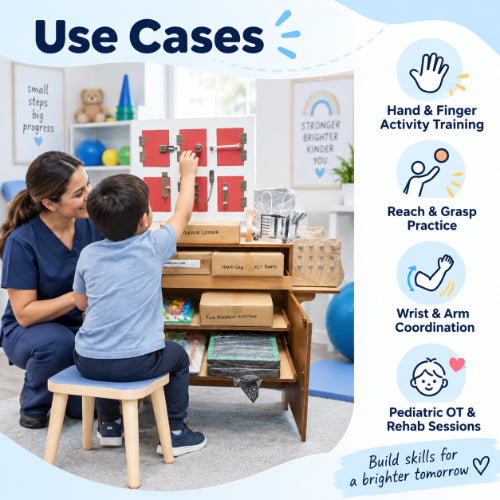 occupational therapy work station use cases for hand and finger activity training, reach and grasp practice, wrist and arm coordination and pediatric rehabilitation