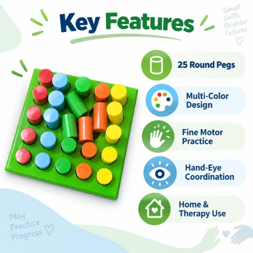 multi color round peg board key features including 25 round pegs, fine motor practice, hand-eye coordination and home or therapy use