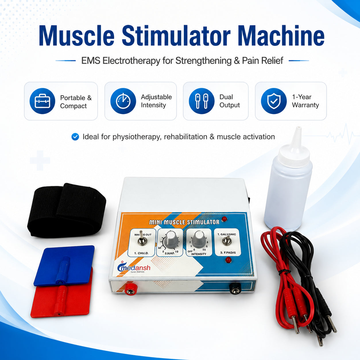 Medansh Muscle Stimulator Machine – portable EMS electrotherapy device with 2 channels, adjustable intensity and 1-year warranty