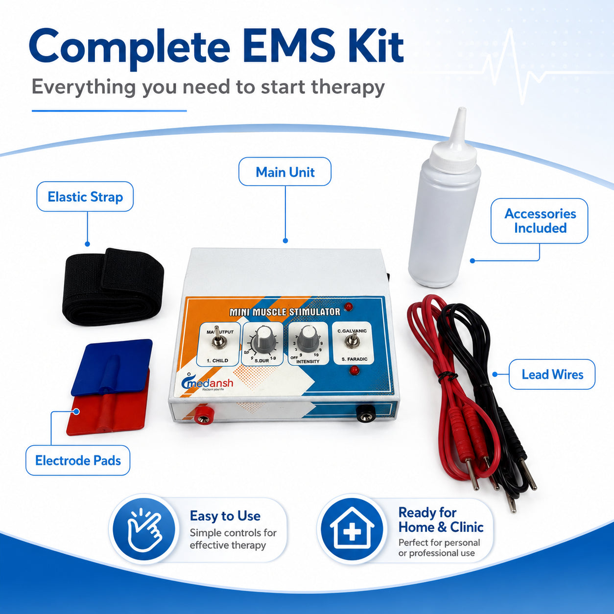 Complete EMS kit – Medansh muscle stimulator with electrode pads, elastic strap, lead wires and accessories