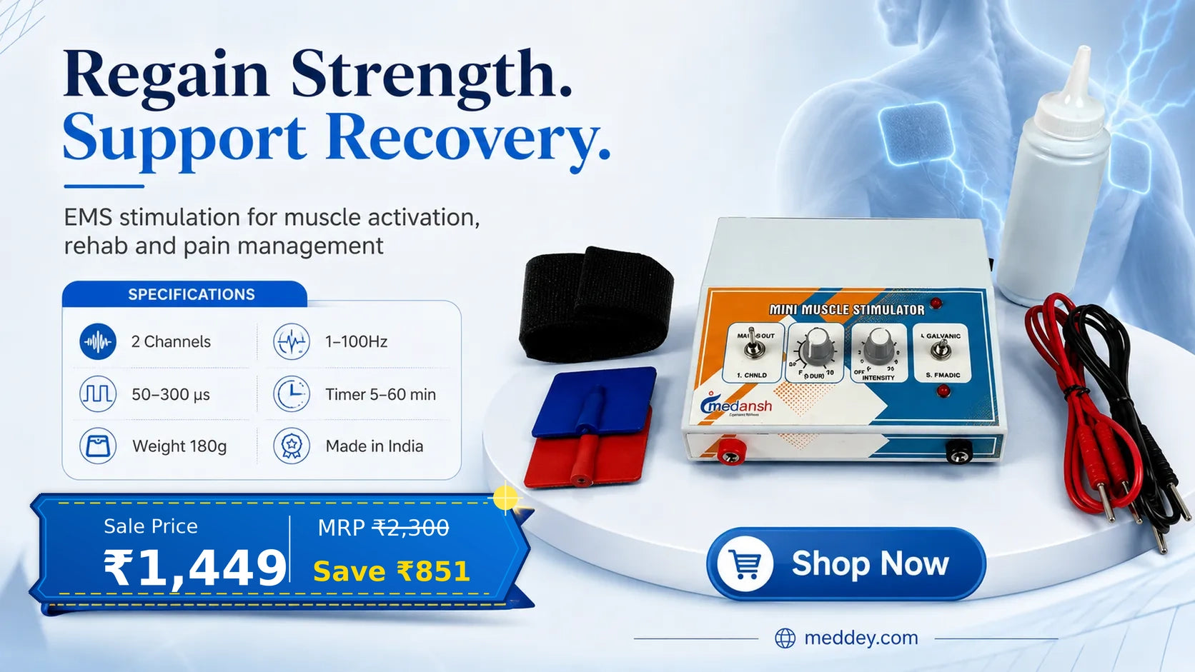Medansh Mini Muscle Stimulator – EMS electrotherapy for strengthening and pain relief, specifications and price