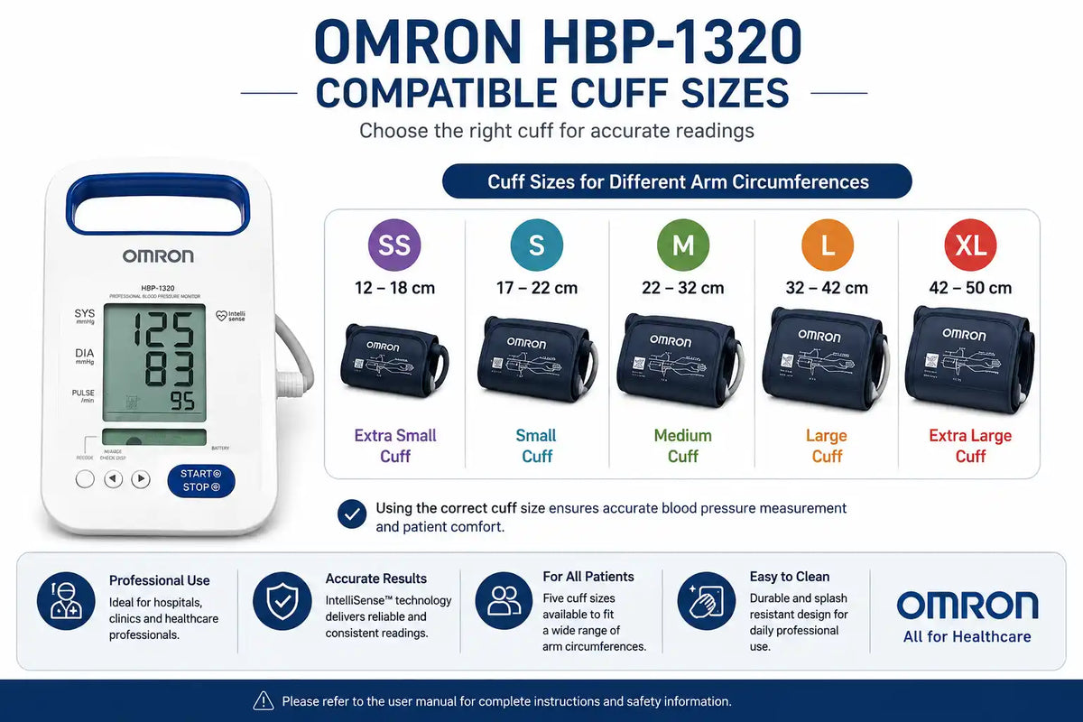 Omron HBP-1320 compatible cuff sizes from SS to XL for different arm circumferences