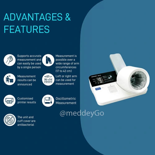 Omron HBP-9030 features including 17–42 cm arm range, printed results and oscillometric measurement