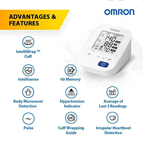 Omron HEM-7156 features including IntelliWrap cuff, 60-reading memory and body movement detection