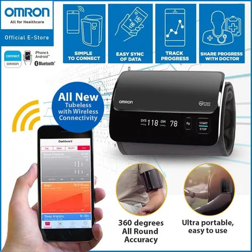 Omron HEM-7600T features including wireless connectivity and 360 degree cuff accuracy