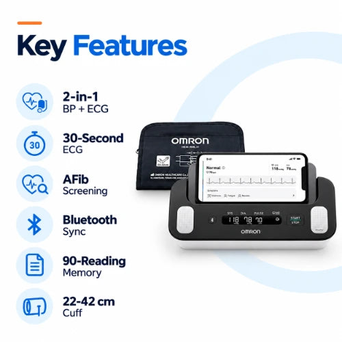 omron hem-7530t key features including 2-in-1 bp and ecg monitoring, 30 second ecg, afib screening support, bluetooth sync and 90 reading memory