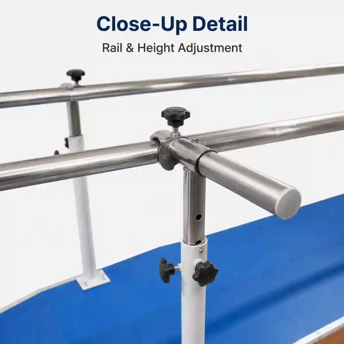 Parallel walking bars closeup detail showing padded handrails and locking mechanism