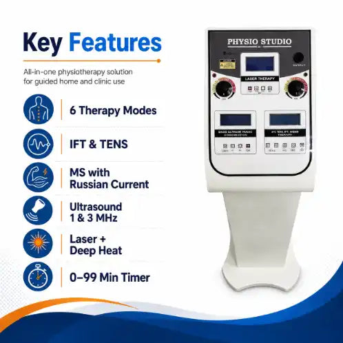 physio studio 6 in 1 key features with ift tens ms russian current ultrasound laser and deep heat