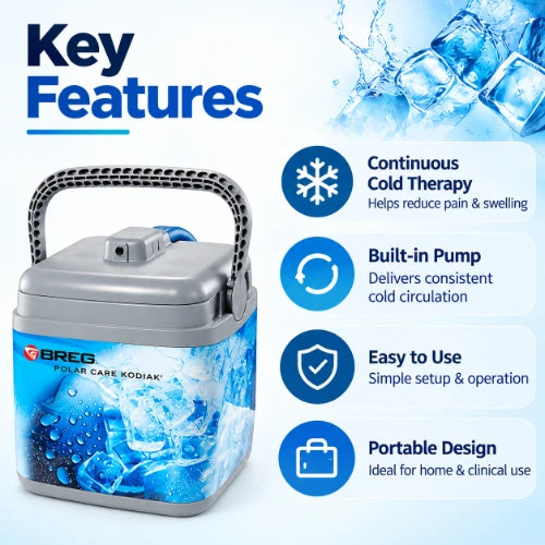 polar care kodiak ice machine key features showing continuous cold therapy, built-in pump, easy-to-use controls and portable design