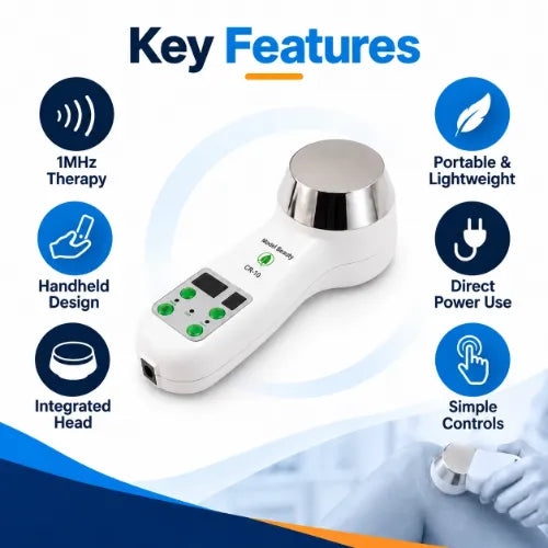 portable ultrasound massager key features showing 1mhz therapy, handheld design, integrated head and simple controls