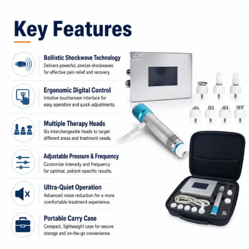 portable shockwave therapy key features with ballistic technology adjustable pressure and multiple heads