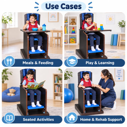 relaxation cp chair use cases for meals and feeding, play and learning, seated activities, home care and rehabilitation support