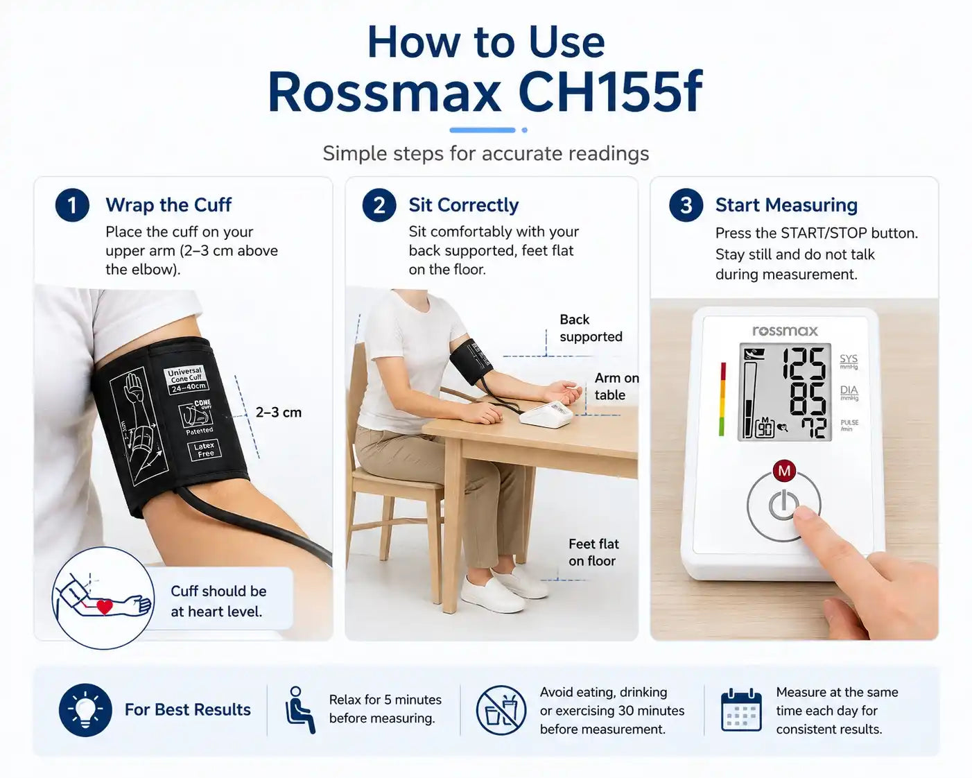 How to use Rossmax CH155f BP monitor with correct cuff placement and sitting position