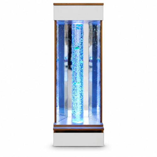 sensory bubble tube with illuminated bubbles, mirrored enclosure and wooden base for sensory room activities