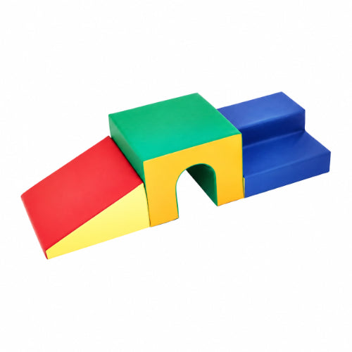 Colourful soft foam steps, ramp and crawl tunnel activity set for pediatric rehabilitation, sensory play and motor skill training