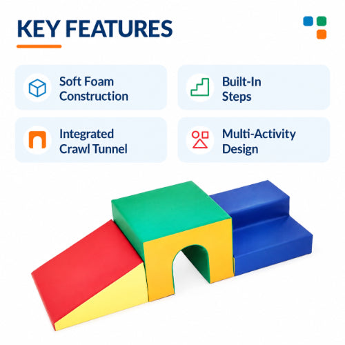 Soft foam activity set key features including soft foam construction, built-in steps, integrated crawl tunnel and multi-activity design