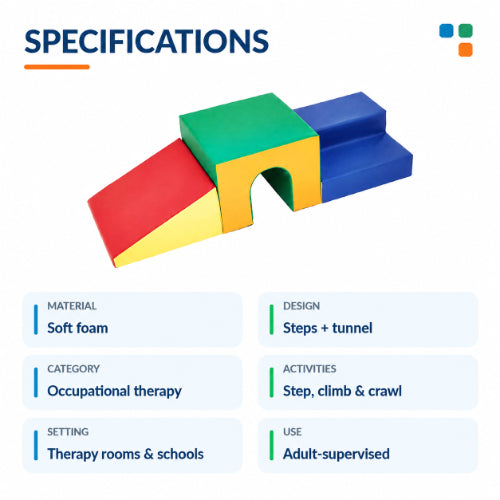Soft foam activity set specifications with steps and tunnel design for step, climb and crawl exercises in therapy rooms and schools