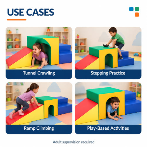 Soft foam activity set use cases for tunnel crawling, stepping practice, ramp climbing and play-based occupational therapy activities