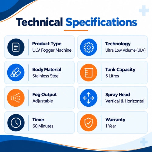 ulv fogger machine technical specifications with stainless steel body, 5 litre capacity, adjustable fog output, vertical and horizontal spray head and 1 year warranty