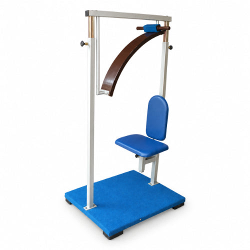 Standing unit overhead with stand featuring overhead curved track, padded blue seat, backrest and wide platform base