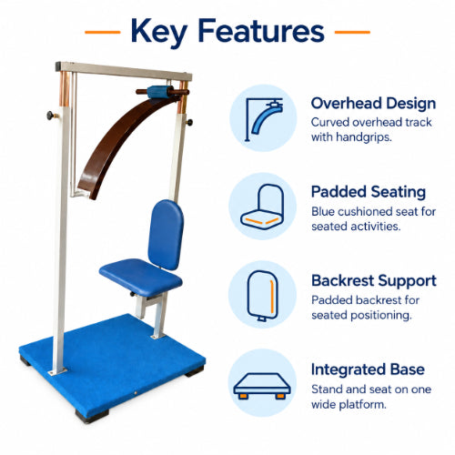 Standing unit overhead with stand key features including overhead design, padded seating, backrest support and integrated wide base