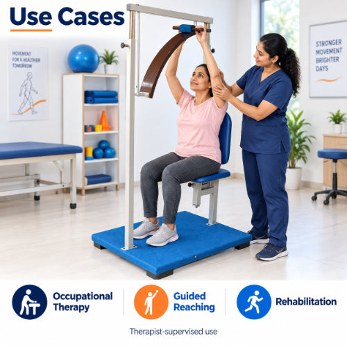 Standing unit overhead with stand use cases for occupational therapy, guided reaching exercises and rehabilitation training