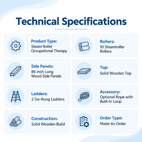 steam roller occupational therapy equipment technical specifications showing 10 steamroller rollers, solid wooden construction, side panels, ladders and optional rope accessory