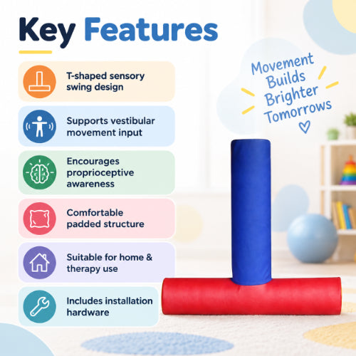 key features of t swing deluxe for sensory integration therapy showing t-shaped sensory swing design, vestibular movement support, proprioceptive awareness, padded structure, home and therapy use, and installation hardware