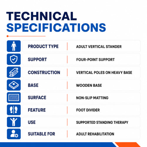 technical specifications of adjustable metallic standing frame adult with wooden base