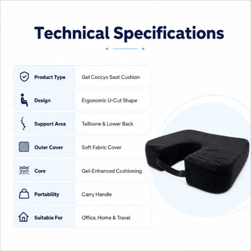 technical specifications of gel coccyx seat cushion showing material design support purpose and comfort details