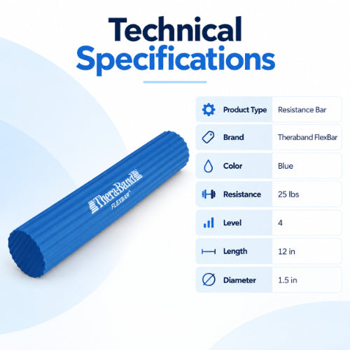 theraband flexbar blue technical specifications with 25 lb resistance, level 4, 12 inch length and 1.5 inch diameter
