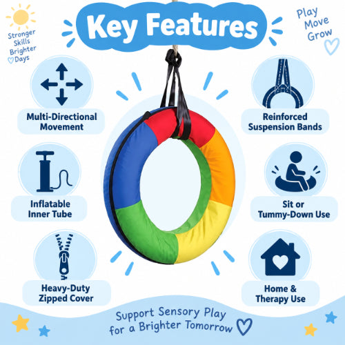 tube swing deluxe key features including multi-directional movement, inflatable inner tube, reinforced suspension bands, heavy-duty cover and sit or tummy-down use