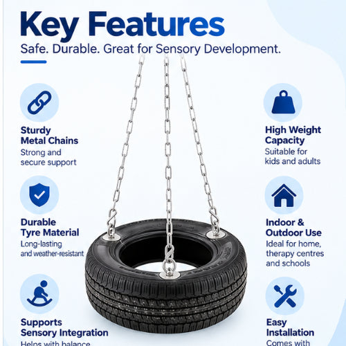 tyre swing deluxe key features including sturdy metal chains, durable tyre material, high weight capacity and indoor or outdoor use