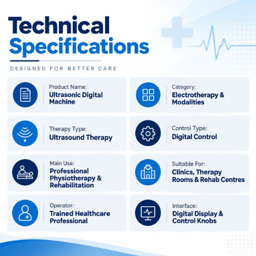 ultrasonic digital machine technical specifications showing ultrasound therapy, digital controls, professional physiotherapy use and clinic or rehabilitation centre suitability