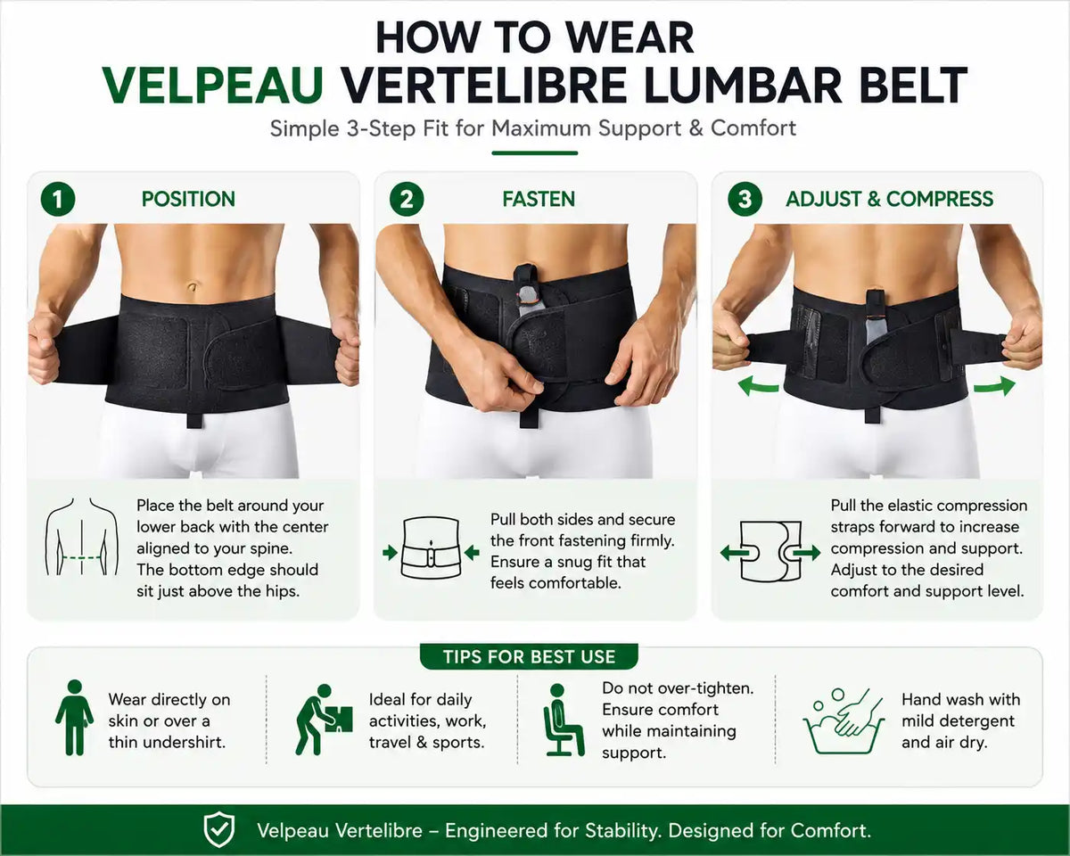 How to wear and adjust Velpeau Vertelibre lumbar support belt in three steps