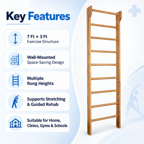 wall bars key features including 7 ft x 3 ft exercise structure, wall-mounted space-saving design, multiple rung heights and support for stretching and guided rehab