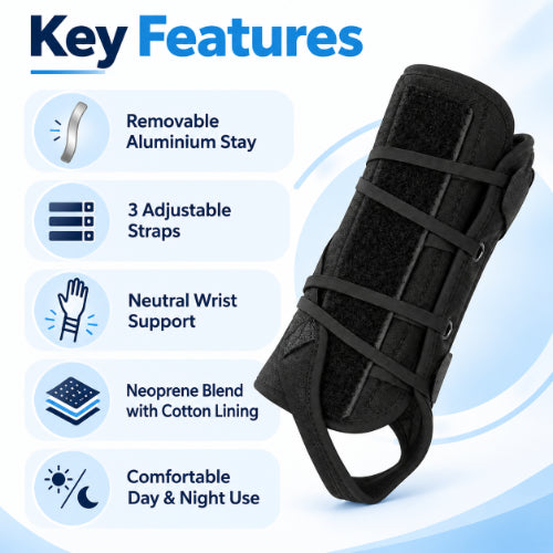 wrist support brace key features including removable aluminium stay, 3 adjustable straps, neutral wrist support, neoprene blend and cotton lining
