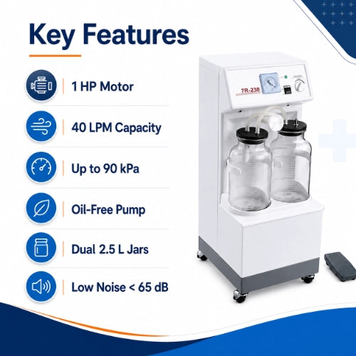 yuwell suction machine key features with 1 hp motor 40 lpm capacity oil free pump and dual jars