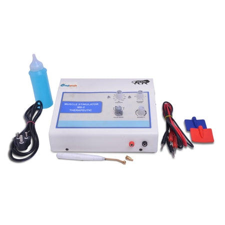 Therapeutic Muscle Stimulator unit shown with its included accessories and electrode leads
