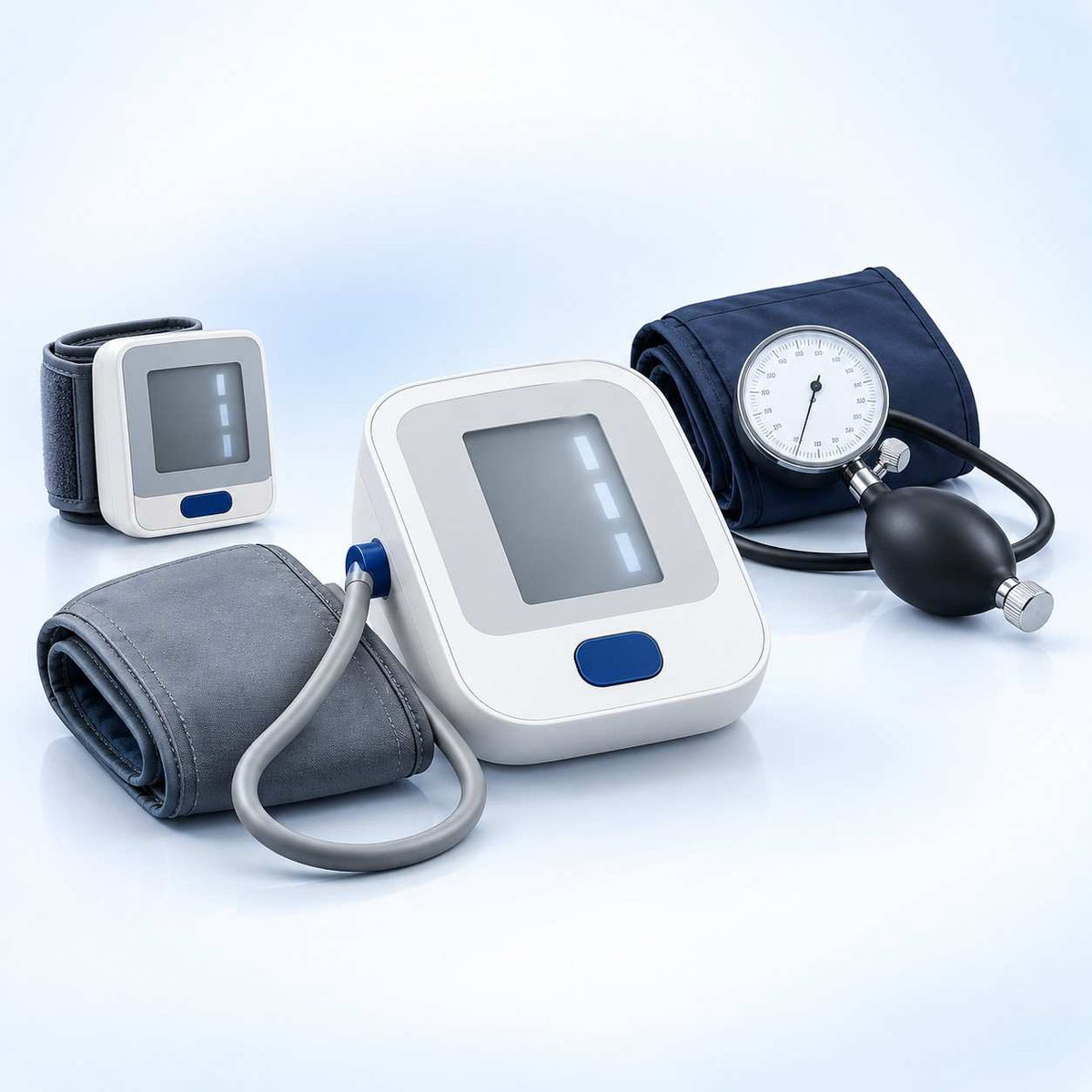 BP machine: automatic upper-arm blood pressure monitor beside a manual dial BP instrument