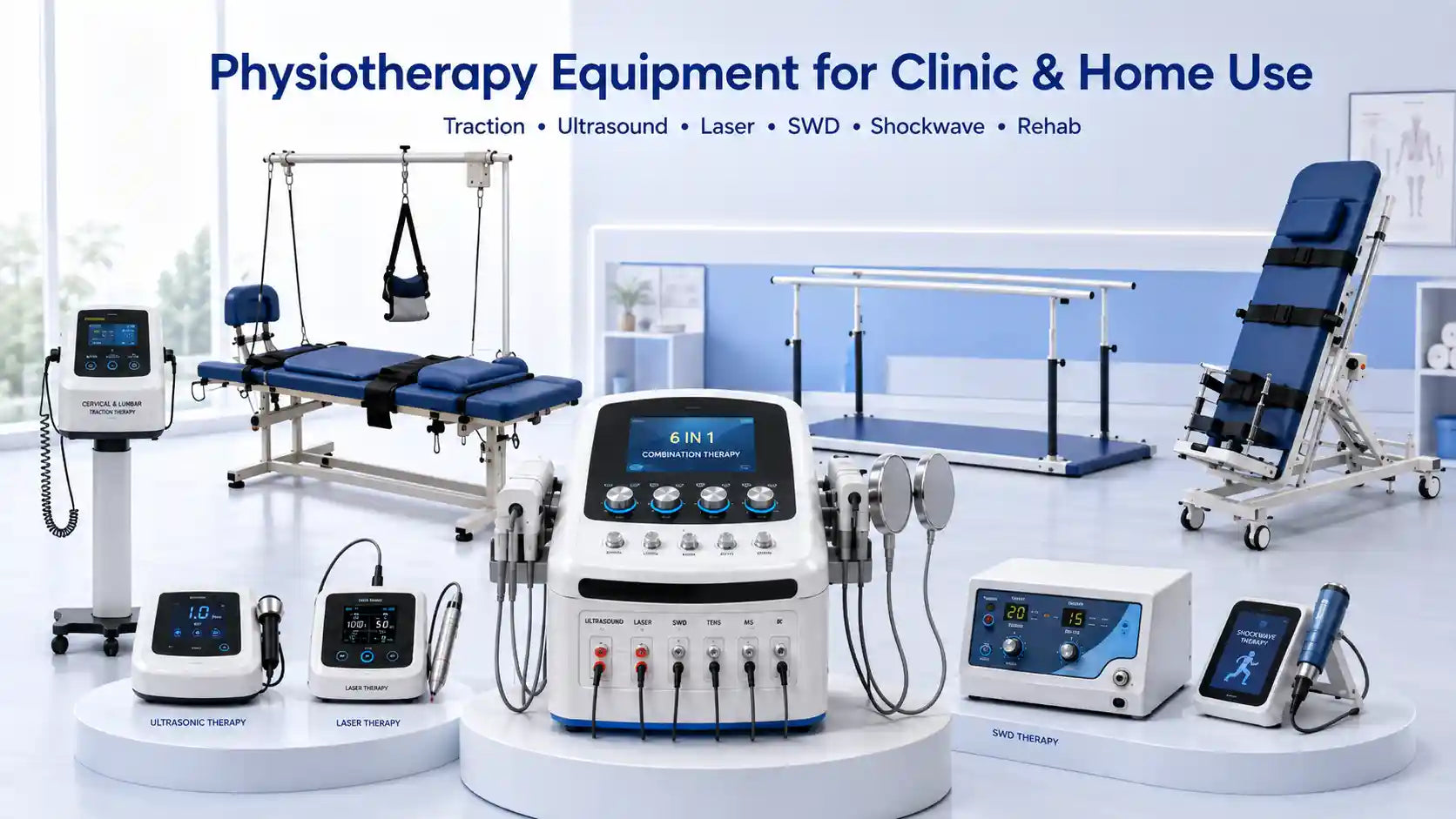 Physio Studio physiotherapy equipment including traction, ultrasound, laser, SWD, shockwave, parallel bars and tilt table