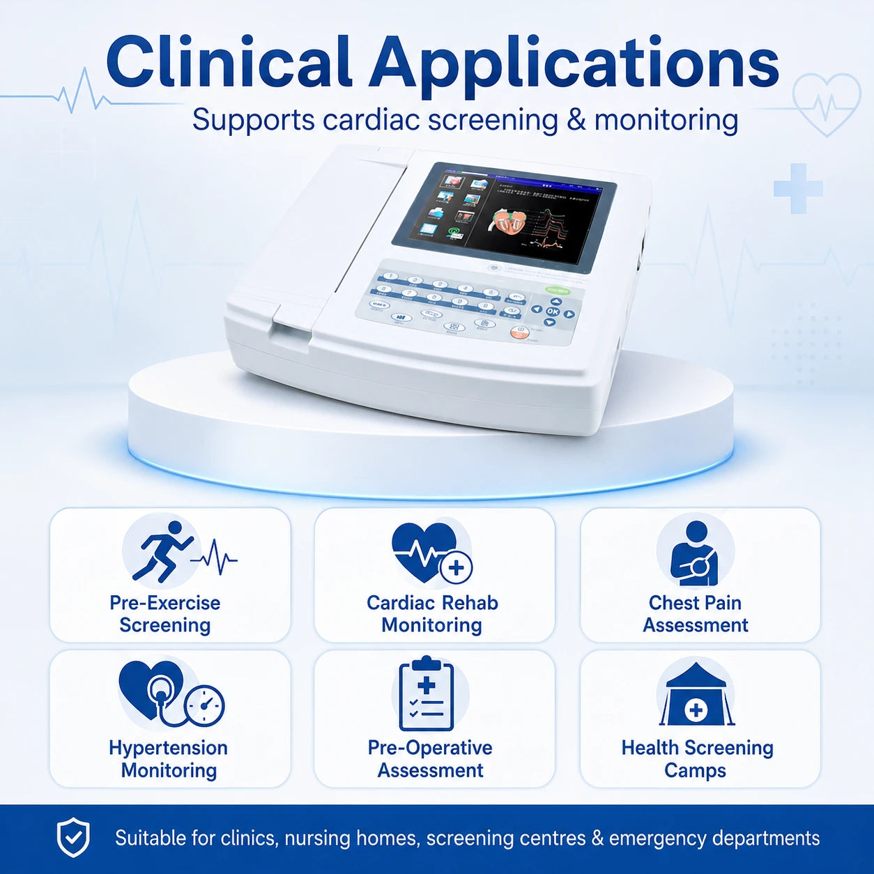 12 channel ECG machine clinical uses – pre-exercise cardiac screening, cardiac rehab monitoring, chest pain ECG assessment, and hypertension evaluation in India