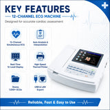 12-channel ECG machine key features including simultaneous ECG capture and auto interpretation
