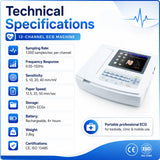 12-channel ECG machine shown with technical specification reference chart