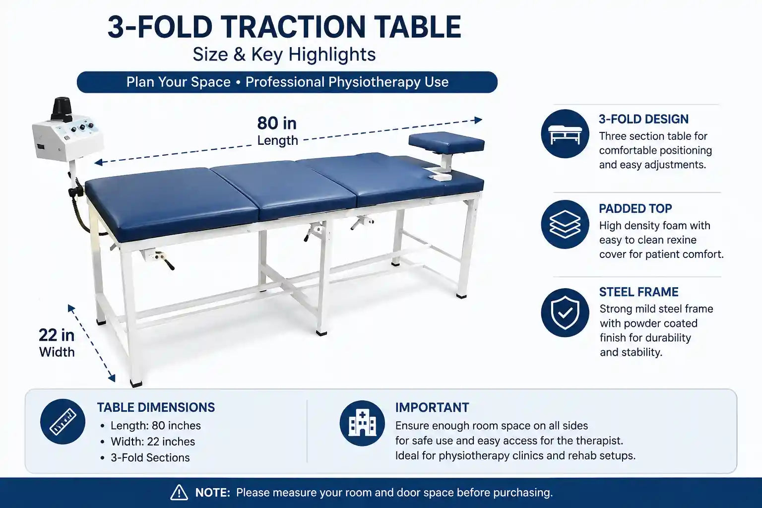 3-fold traction table showing 80 inch length, 22 inch width and steel frame