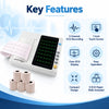 3 channel ecg machine key features including 7 inch touch screen, clear ecg display, compact design, easy operation and 5 ecg paper rolls