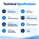 3 channel ecg machine technical specifications with 7 inch touch screen, compact desktop design, user friendly interface and 1 year warranty